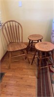 Wooden chair and two wooden stools