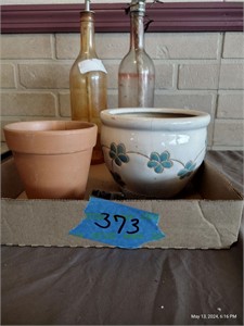 2 glass tiki torch bottles, clay flower pots, misc