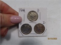 1944p/d/s 3coin Silver Mercury Dime SET