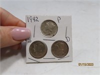 1942p/d/s 3coin Silver Mercury Dime SET