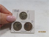 1943p/d/s 3coin Silver Mercury Dime SET
