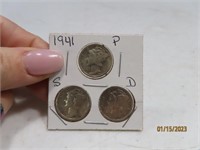 1941p/d/s 3coin Silver Mercury Dime SET