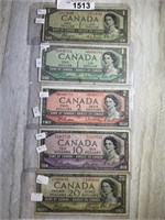 1954 - $1, $2, $10 & $20 Canadian Bills
