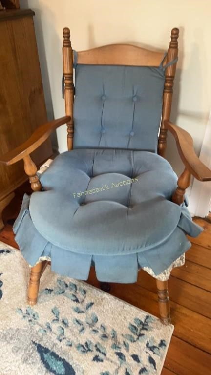Wooden Chair with Blue Cushions 35 in tall x