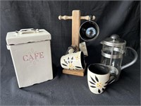 Coffee canister, coffee cups, coffee press