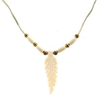 Hand Carved Ivory Necklace -Feather w/ Gold Beads1