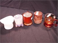 Five colored glass toothpick holders and child's