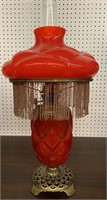 Red Glass And Brass Parlor Lamp With Fringe