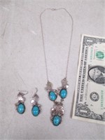 Sterling Silver Earring Necklace Set w/ Turqouise