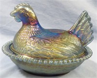 VINTAGE INDIANA CARNIVAL GLASS HEN DISH