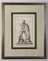 Strong Male & Lion Antique Italian Engraving