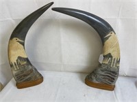 Set of 2 Water Buffalo Carved Horns, 16"h