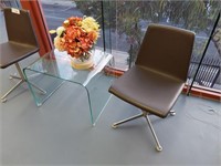 2 Brown Chairs & Glass Occasional Table