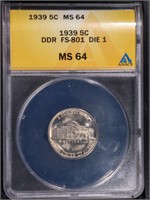 1939-S 5C Jefferson Nickel ANACS MS 64 DDR FS-801