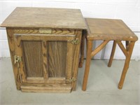 Vtg White Clad Wood Ice Box & Wood Table