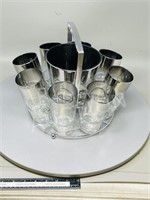 mid century glass caddy w/ ice pail & 8 glasses