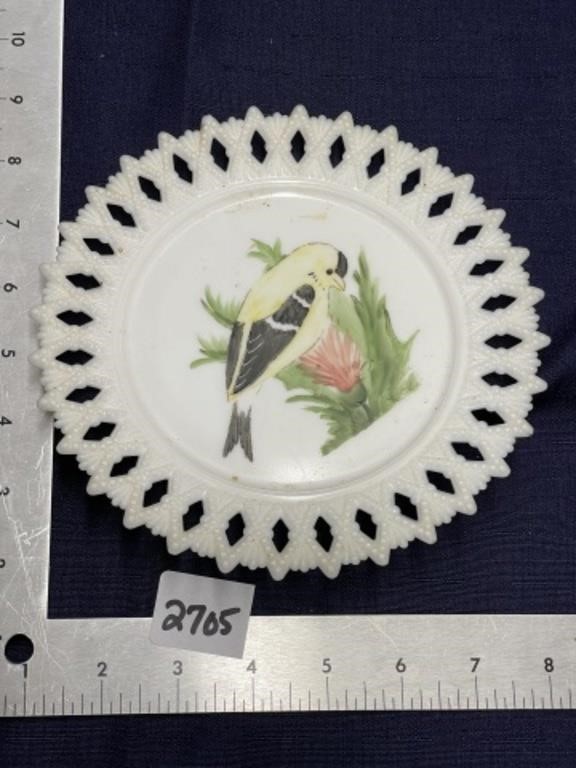 Milkglass handpainted bird plate