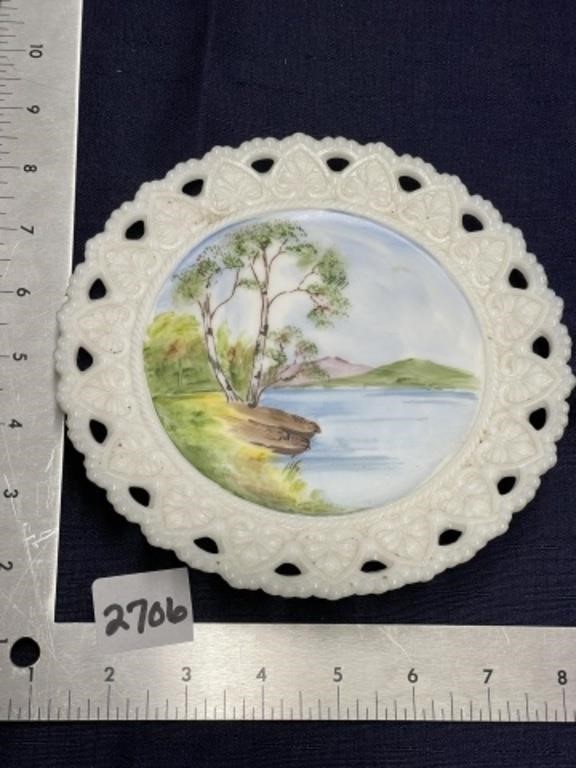 Milkglass handpainted water scene plate