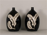 PAIR OF TAPERED BLACK VASES W FEATHER DESIGN