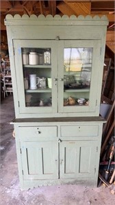 Antique green kitchen work cabinet, two glass