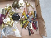 Box of Drawer Pulls, Screwdrivers, Misc Tools
