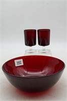 Ruby Red Bowl & Stemware (3) Pieces Total