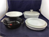 Covered Casserole And 2 Flat Pans Of Corning