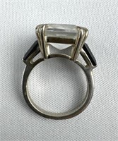 925 Silver Quartz & Black Stone Ring