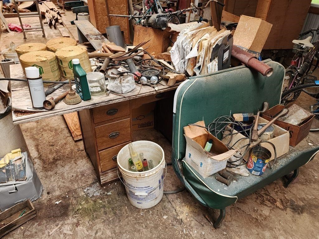 Desk, Bus Seat and Assorted Tools and Hardware