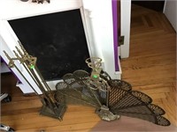 Brass Fireplace Screen, And Tools