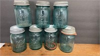 (7) blue Ball pint jars w/ zinc lids #2,4,5,8 & 10
