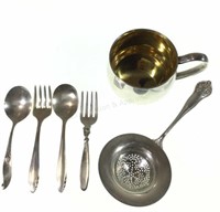 (6pc) Sterling Cup, Tea Strainer, Forks, Spoons