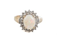 14K GOLD OPAL AND DIAMOND CLUSTER RING, 4g