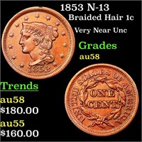 1853 N-13 Braided Hair 1c Grades Choice AU/BU Slid