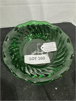 Emerald green, pressed glass bowl