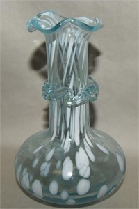 Vtg Pilgrim Blue Spatter Glass w/ Rigaree Vase