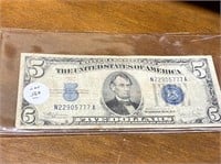 1934 C SERIES BLUE SEAL $5.00 BILL