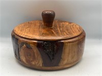 Signed wood carved lidded bowl dish