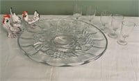 VINTAGE ROOSTERS, GLASS PLATTER, CORDIALS