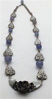 Silver Tone Floral Necklace W Blue Stones