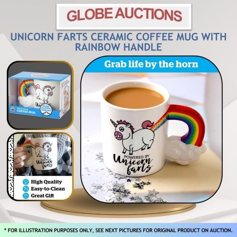 UNICORN FARTS CERAMIC COFFEE MUG W/ RAINBOW HANDLE