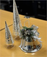 Glass Trees And Silver Bell Decor Lot