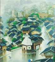 Chinese Village Vista Signed Oil on Canvas