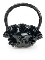 Fenton deep black glass thumbprint basket ruffled