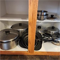 Cookware Contents of Cabinet w/ Stainless Bowls