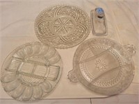 4 PIECES OF KITCHEN GLASSWARE: EGG PLATE, RELISH