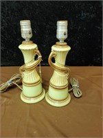 Brown and green vintage pottery lamps approx 12