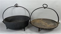 2 early cast iron cookware pieces with wrought