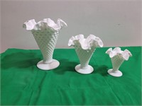(3) Pieces Fenton Milk Glass -Vases 4" to 8" tall