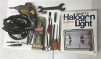 Lot of assorted tools including halogen light and